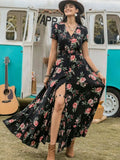 Split Printed V-Neck Short Sleeve Dress - Trendsi - Flyclothing LLC