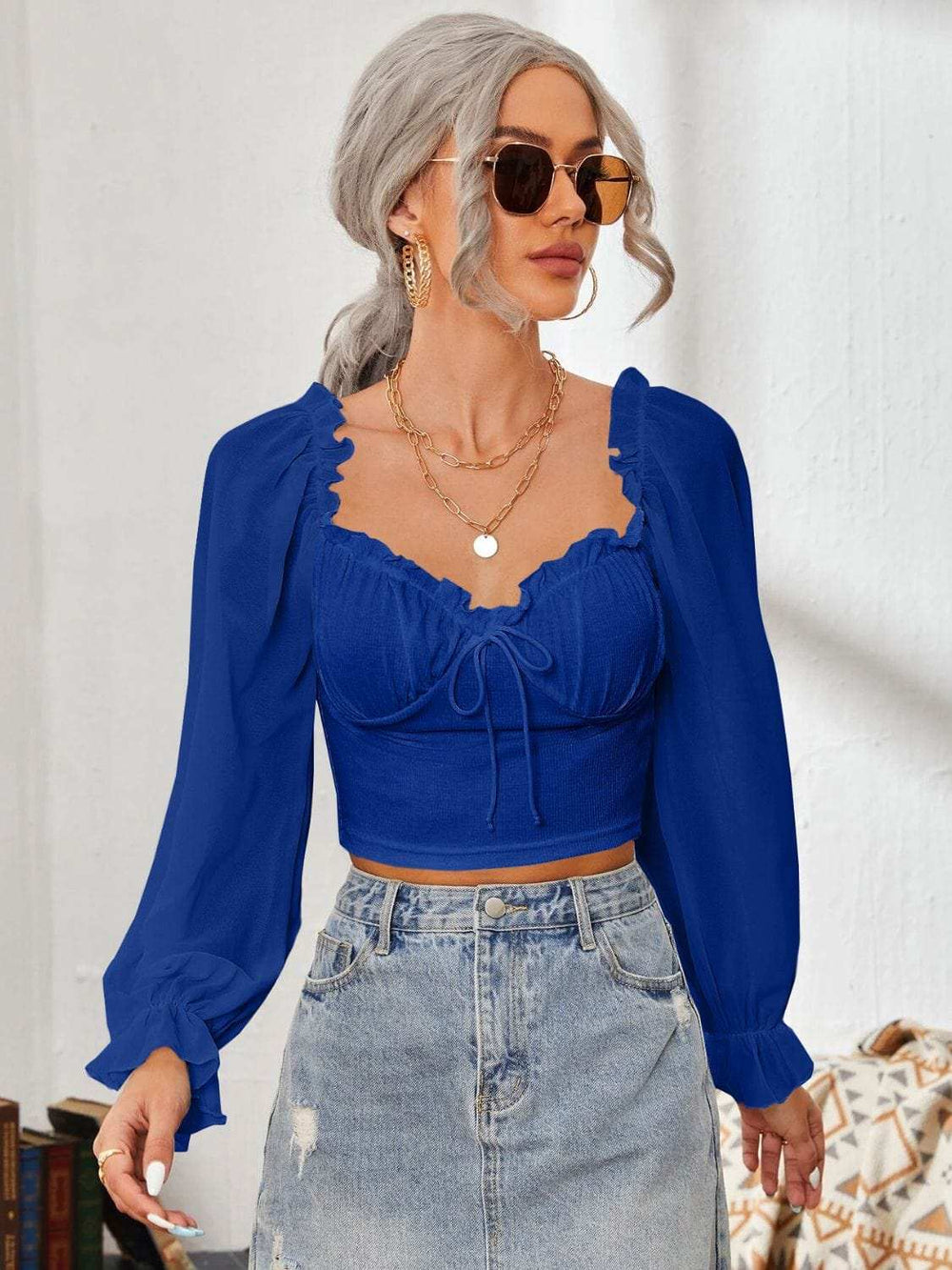 Mesh Sweetheart Neck Flounce Sleeve Top - Trendsi - Flyclothing LLC