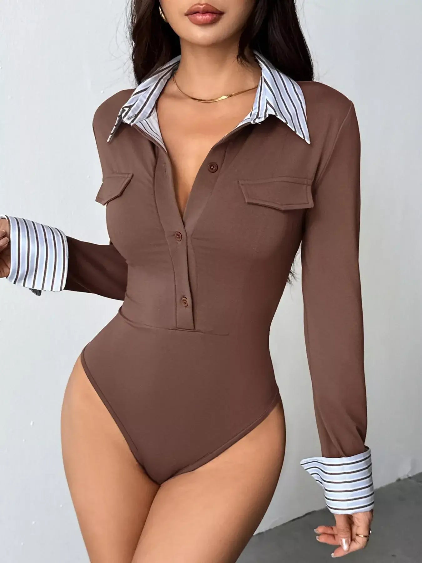 Long Sleeve Button Front Bodysuit - Trendsi - Flyclothing LLC