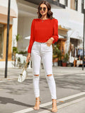 Round Neck Balloon Sleeve Blouse - Trendsi - Flyclothing LLC