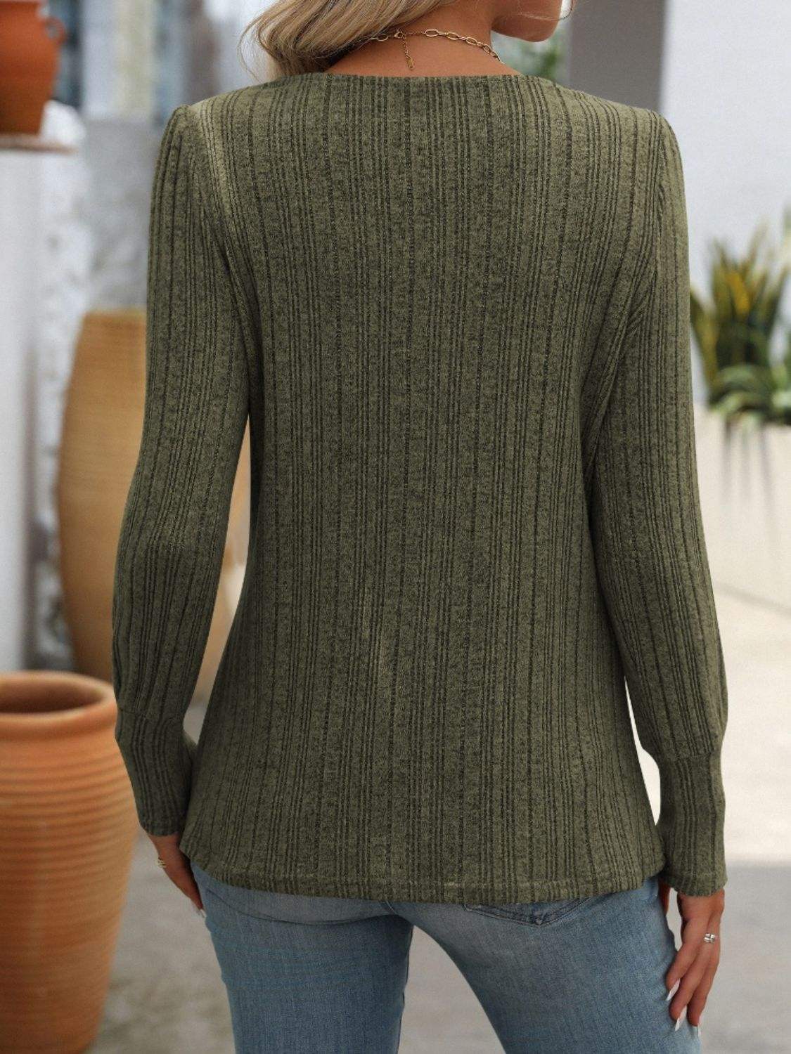 Decorative Button Striped Square Neck Long Sleeve T-Shirt - Trendsi - Flyclothing LLC