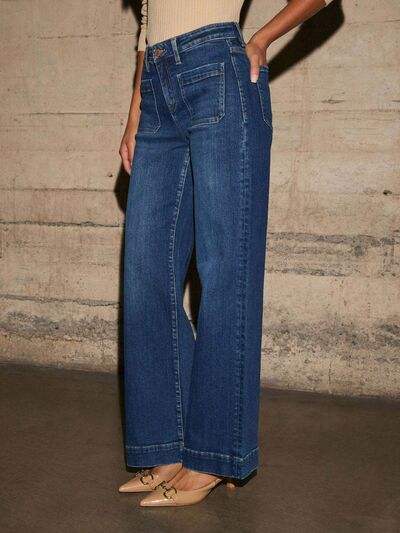 High Rise Front Pocket Patch Wide Leg Jeans - Trendsi - Flyclothing LLC