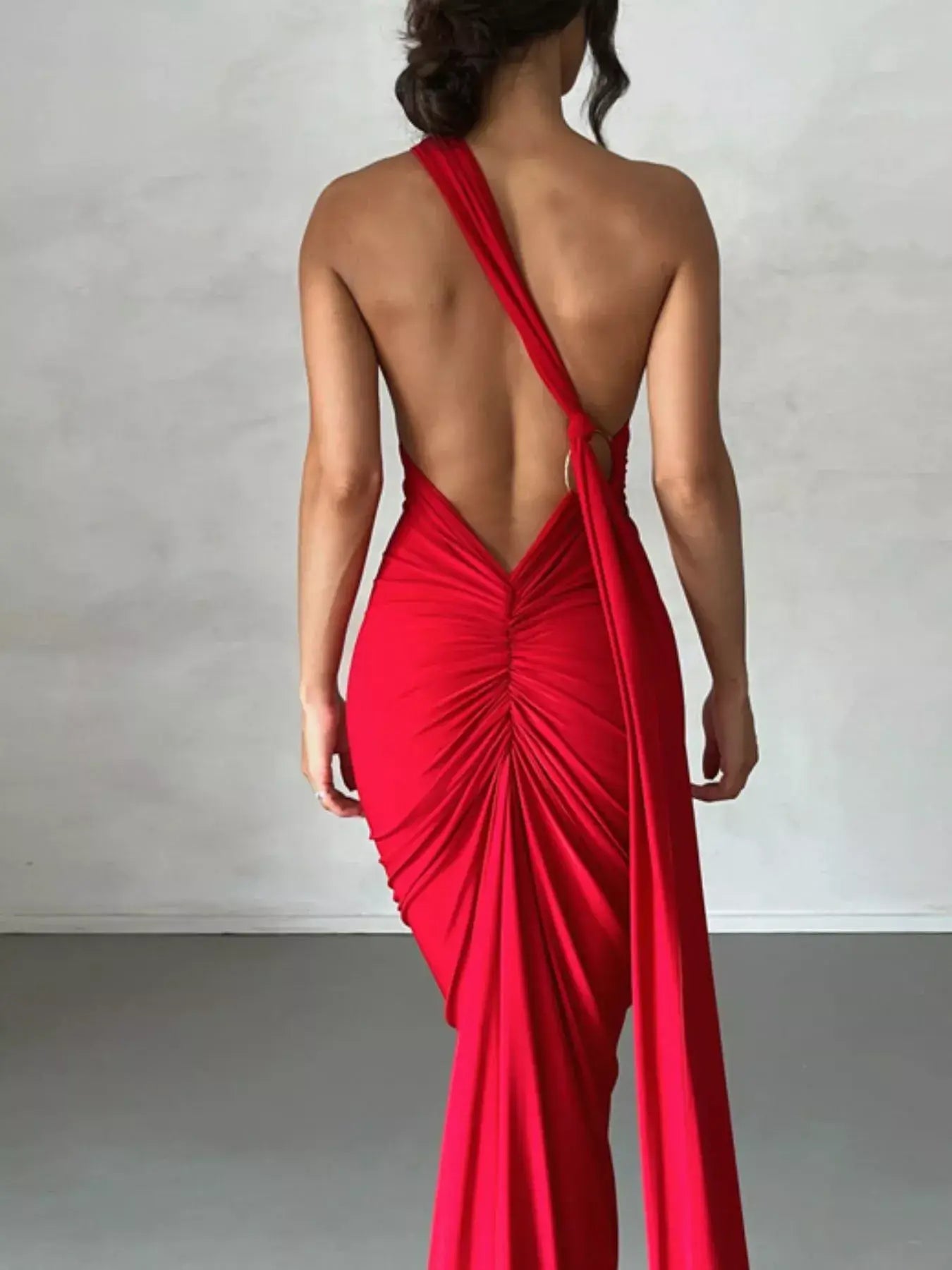 Backless One-Shoulder Ruched Bodycon Maxi Dress - Trendsi - Flyclothing LLC