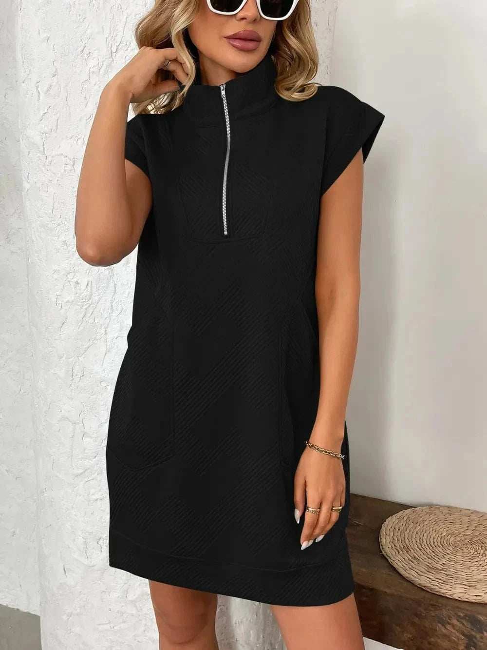 Texture Half Zip Cap Sleeve Mini Dress - Trendsi - Flyclothing LLC
