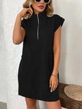 Texture Half Zip Cap Sleeve Mini Dress - Trendsi - Flyclothing LLC