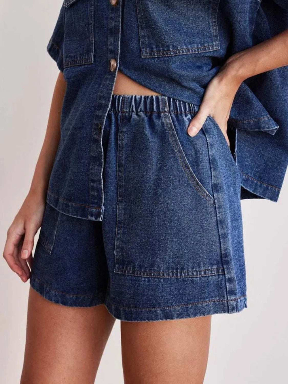 Elastic Waist Denim Shorts - Trendsi - Flyclothing LLC