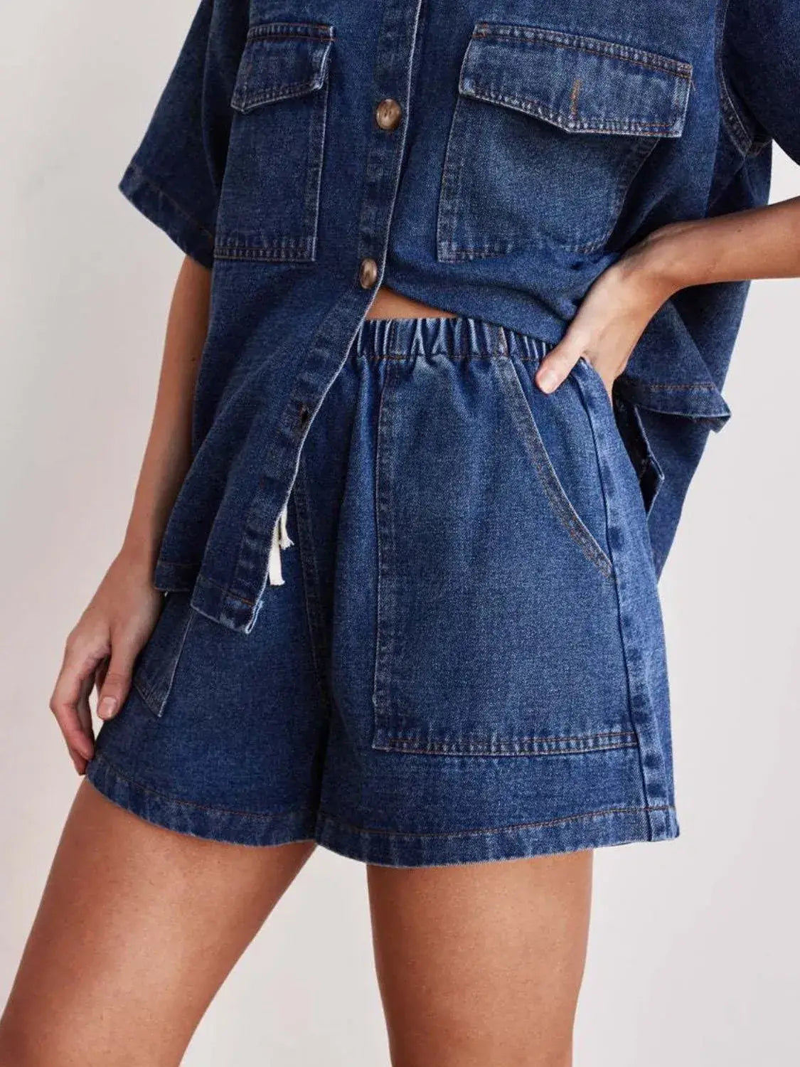 Elastic Waist Denim Shorts - Trendsi - Flyclothing LLC