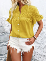Button Down Ruffled Short Sleeve Shirt - Trendsi - Flyclothing LLC