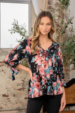 Sew In Love Full Size Floral V-Neck Top with Sleeve Knot - Trendsi