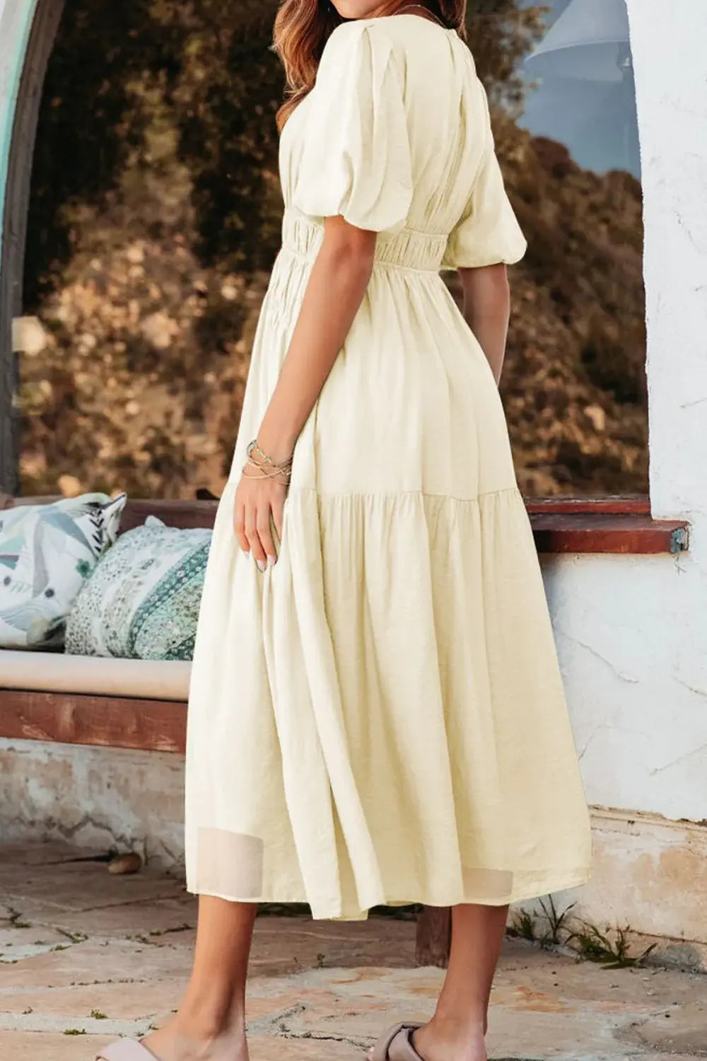 Puff Sleeve Pleated High Waist Flowy Midi Dress - Trendsi - Flyclothing LLC