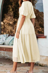 Puff Sleeve Pleated High Waist Flowy Midi Dress - Trendsi - Flyclothing LLC