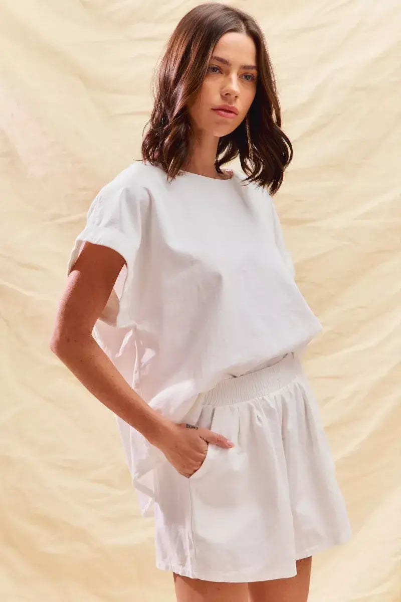 SO ME Round Neck Short Sleeve Top and Shorts Set - Trendsi - Flyclothing LLC
