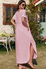 Slit Pocketed V-Neck Short Sleeve Dress - Trendsi - Flyclothing LLC