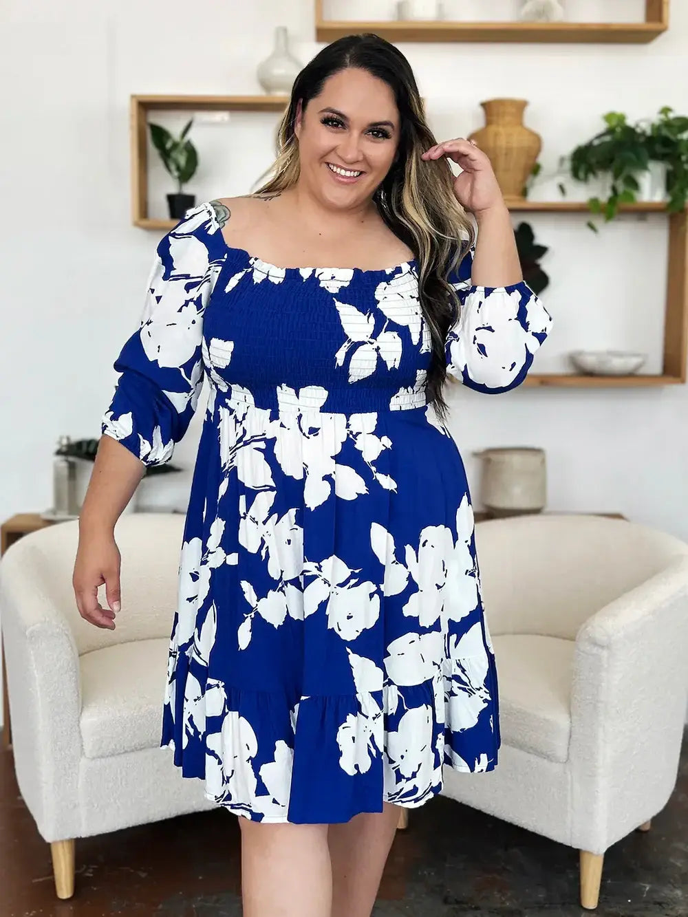 Double Take Full Size Floral Ruffle Hem Smocked Dress with Pockets - Trendsi - Flyclothing LLC