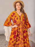 Plus Size Lace Detail Printed V-Neck Maxi Dress - Trendsi - Flyclothing LLC
