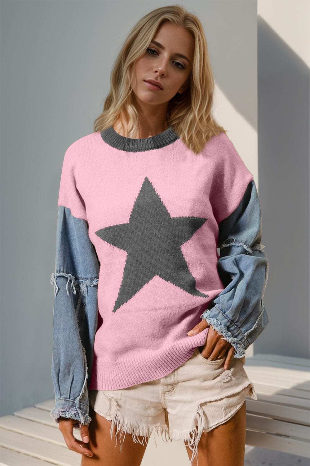 Double Take Full Size Star Pattern Raw Edge Long Sleeve Sweater - Trendsi - Flyclothing LLC