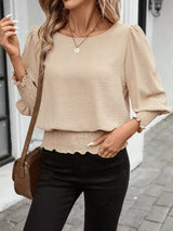 Smocked Waist Round Neck Blouse - Trendsi - Flyclothing LLC