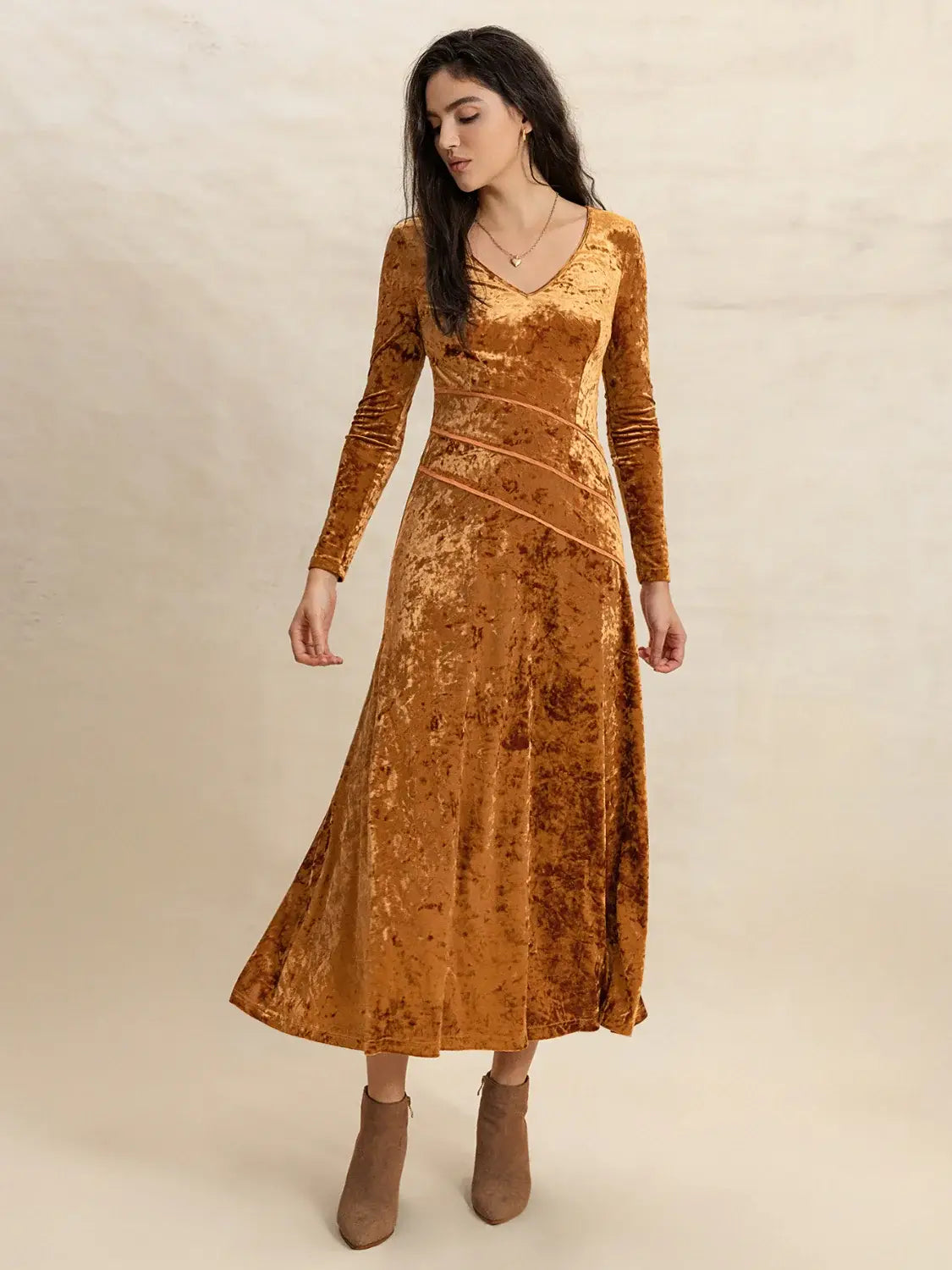 V-Neck Long Sleeve Midi Dress - Trendsi - Flyclothing LLC