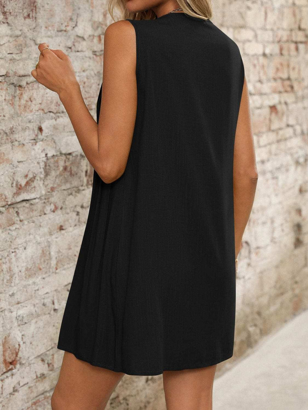 Tied Front Pleated Sleeveless Mini Dress - Trendsi - Flyclothing LLC