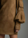 Full Size Suede Turtleneck Lantern Sleeve Mini Dress Plus Size - Trendsi - Flyclothing LLC