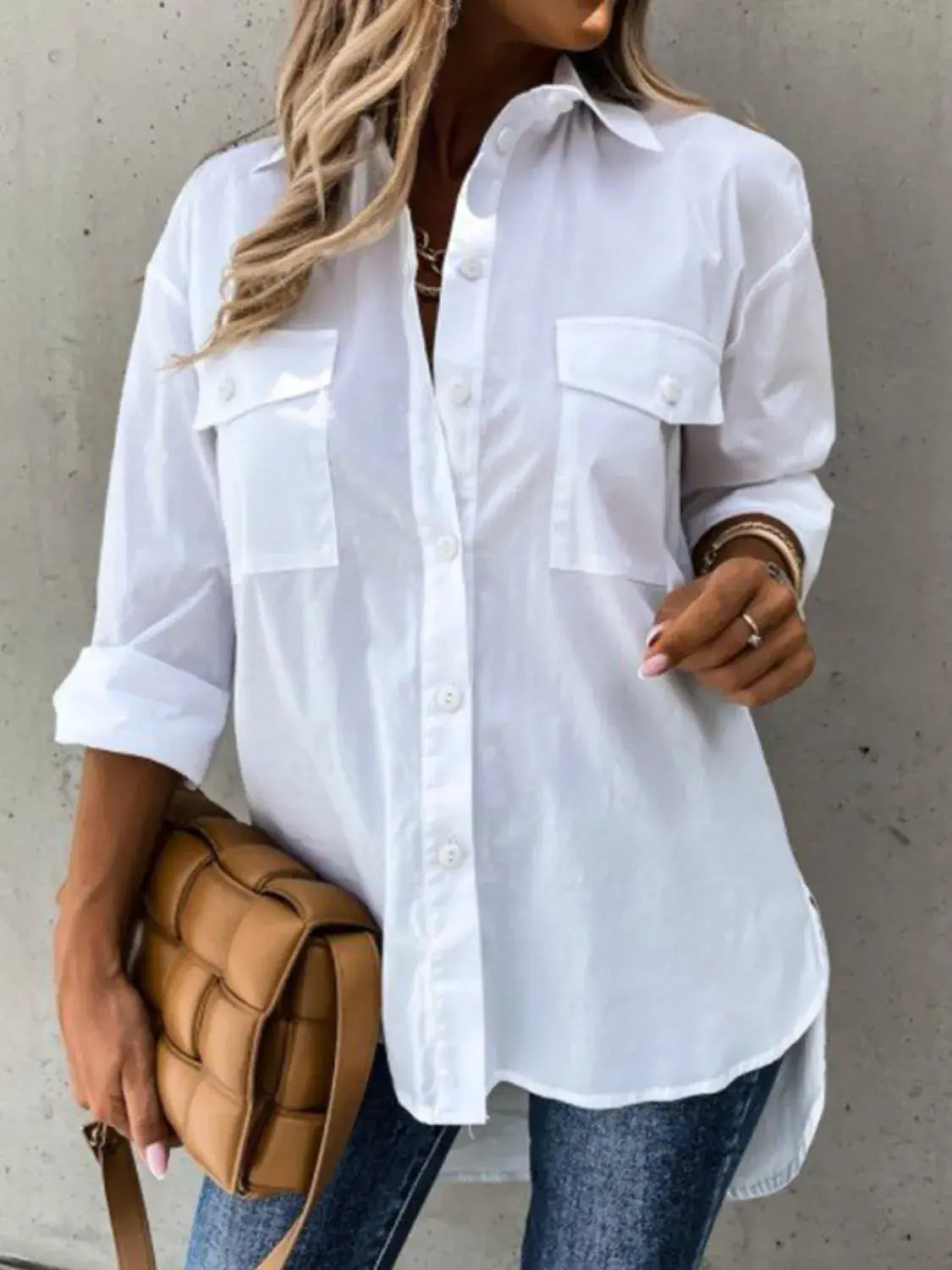 Button Up Roll-Tab Sleeve Shirt - Trendsi - Flyclothing LLC