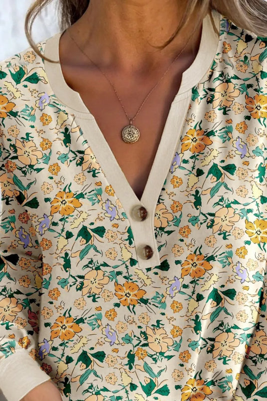 Floral Print Notched Long Sleeve Blouse - Trendsi - Flyclothing LLC