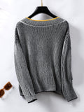 Striped V-Neck Long Sleeve Sweater - Trendsi