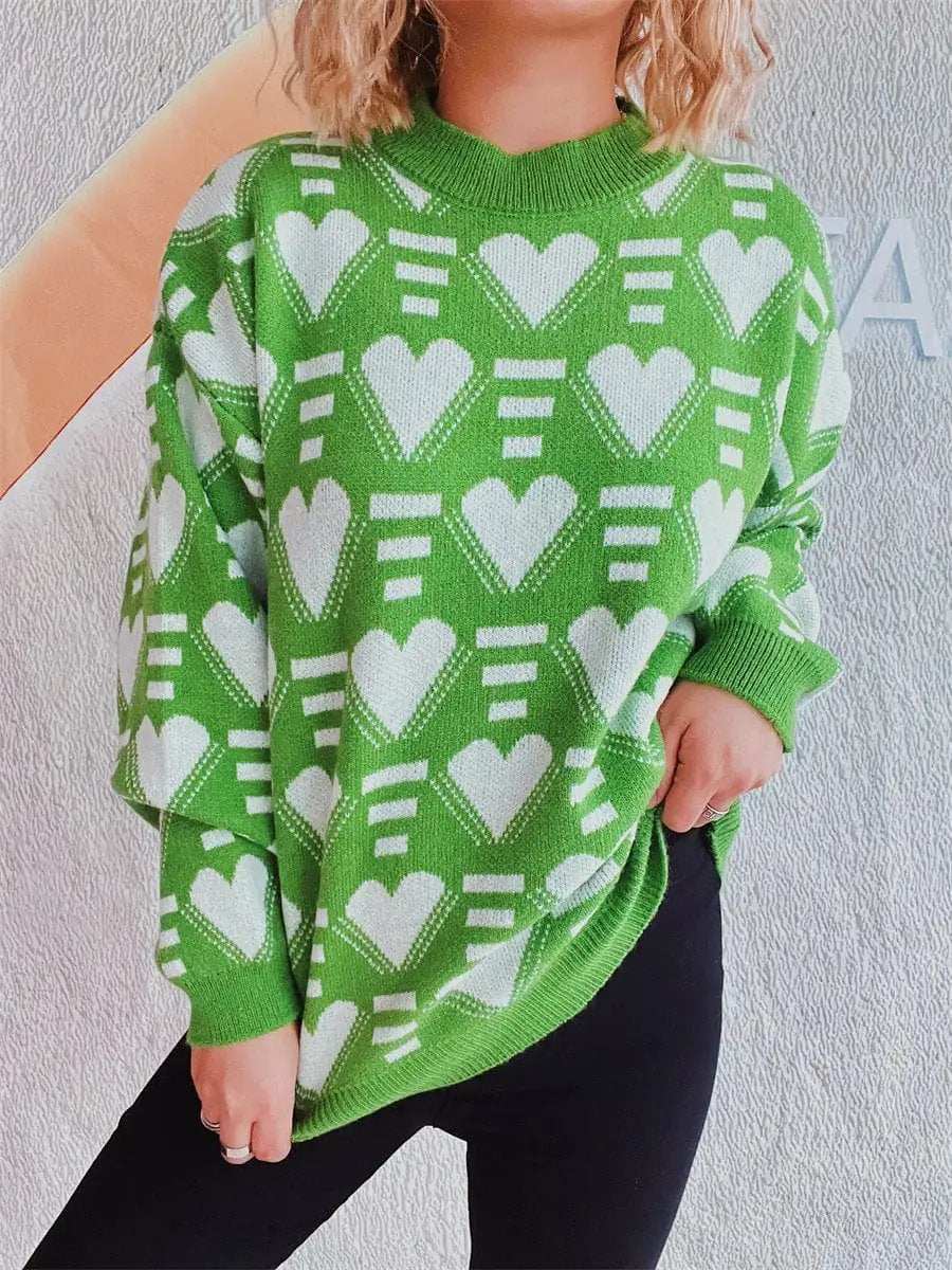 Heart Contrast Long Sleeve Dropped Shoulder Sweater - Trendsi - Flyclothing LLC