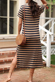 Casual Striped V-Neck Midi T-Shirt Dress - Trendsi - Flyclothing LLC