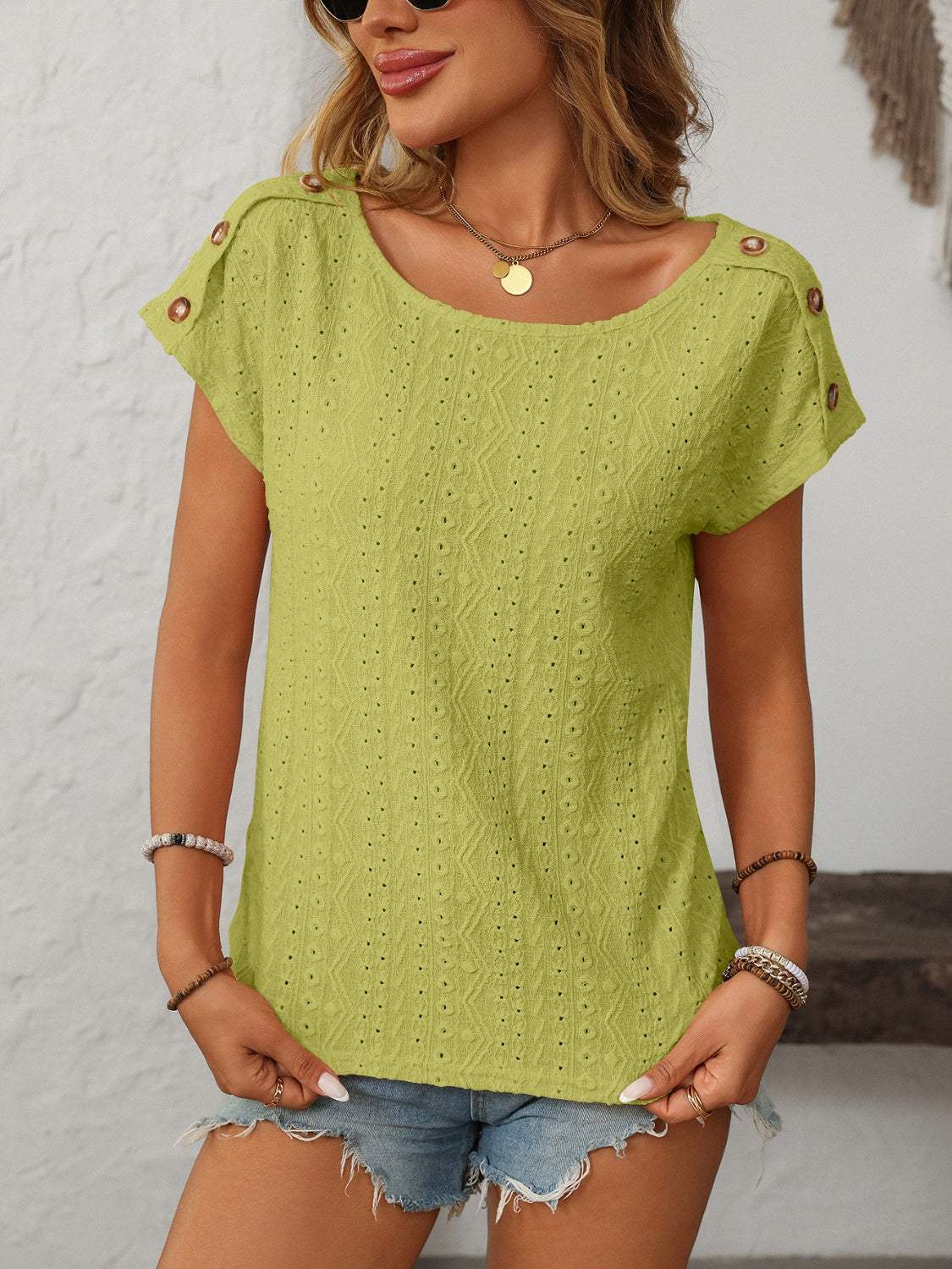 Mandy Eyelet Round Neck Short Sleeve Top - Trendsi - Flyclothing LLC