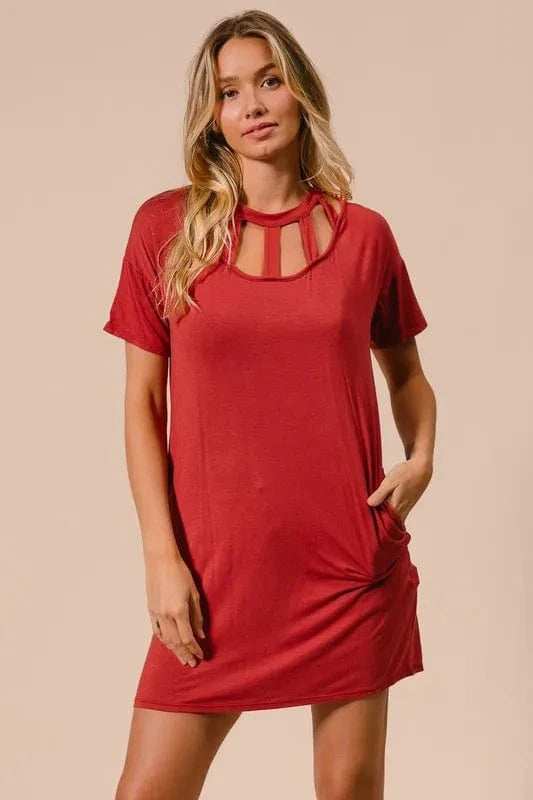 BiBi Front Cutout Mini Tee Dress with Pockets - Trendsi - Flyclothing LLC