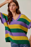 SO ME Mardi Gras Loose Fit V Neck Stripe Sweater Top - Trendsi - Flyclothing LLC