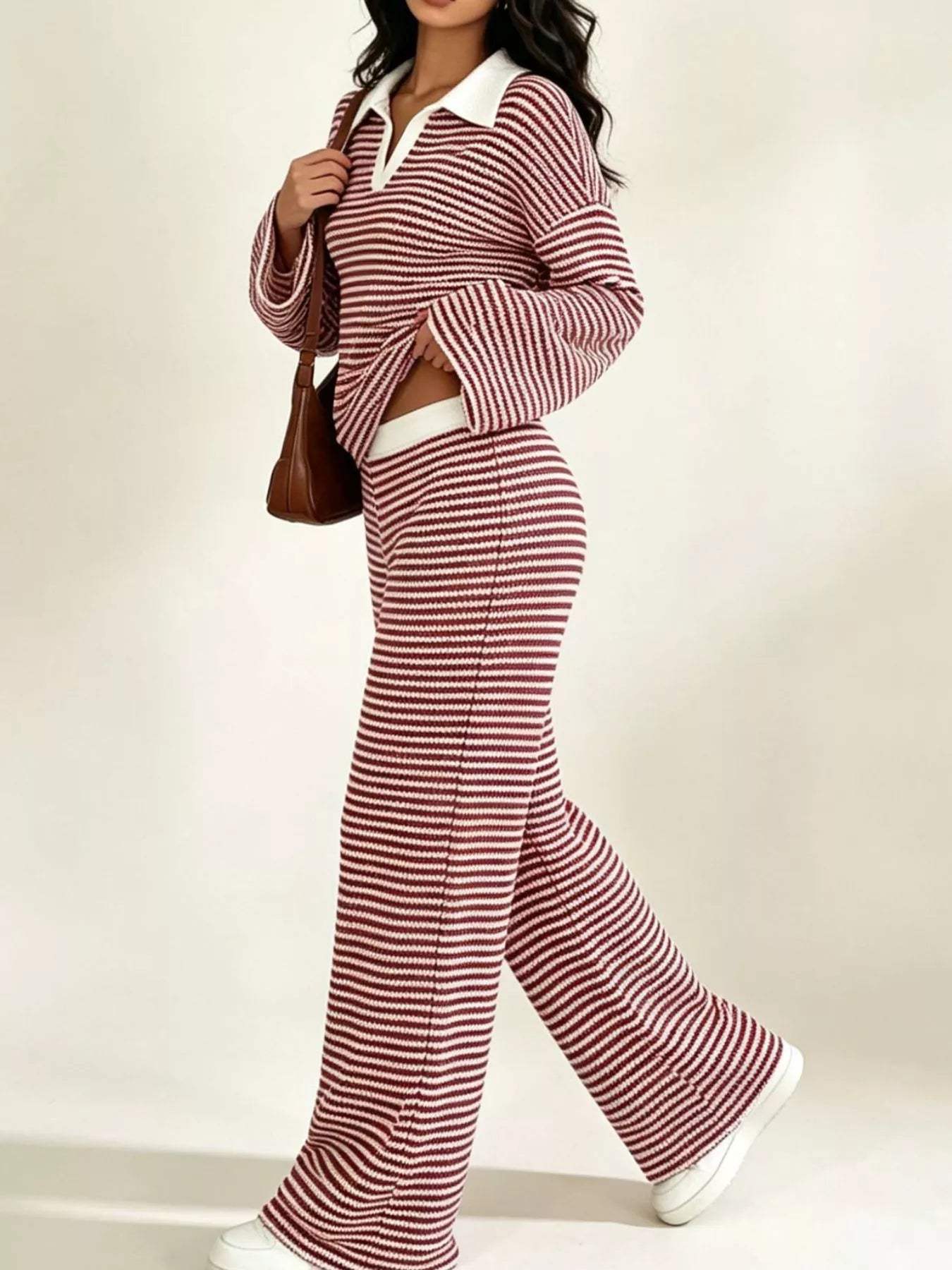 Striped Long Sleeve Polo and Wide-Leg Pants Set - Trendsi - Flyclothing LLC