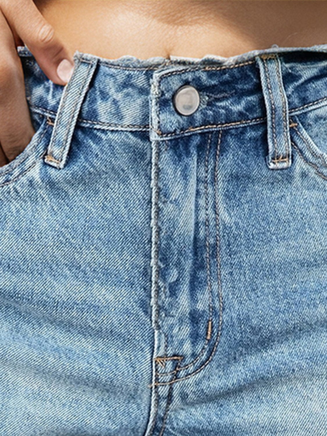 Raw Hem Denim Shorts with Pockets - Trendsi