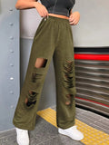 Distressed Elastic Waist Straight Leg Pants - Trendsi