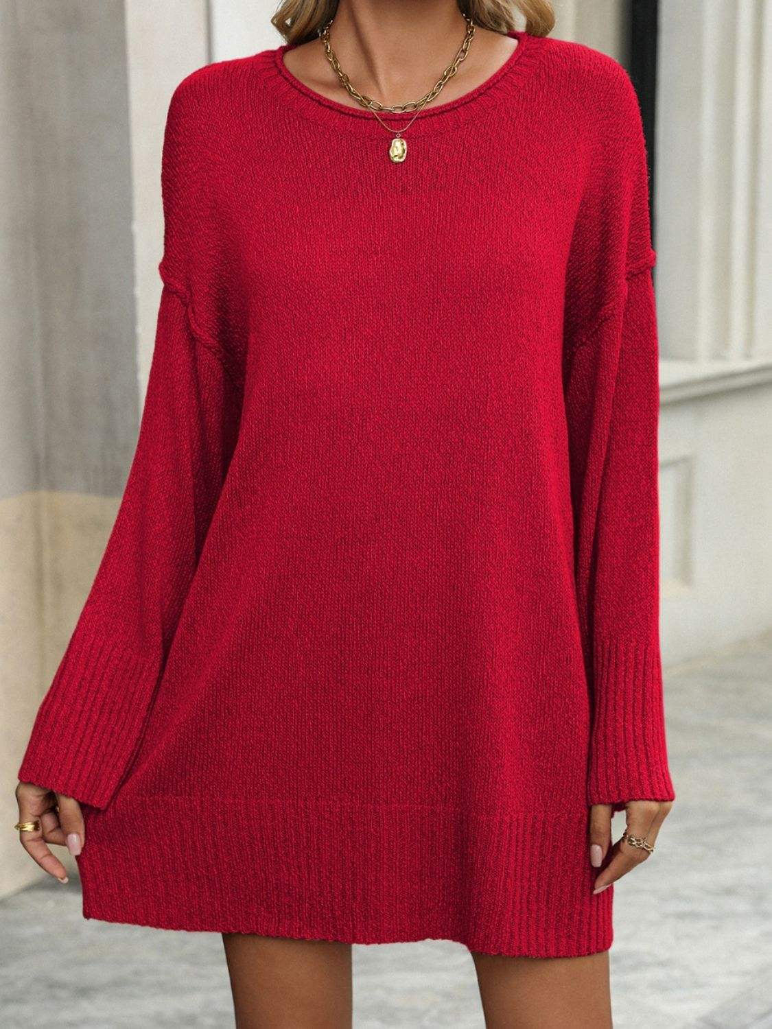 Round Neck Dropped Shoulder Sweater - Trendsi - Flyclothing LLC
