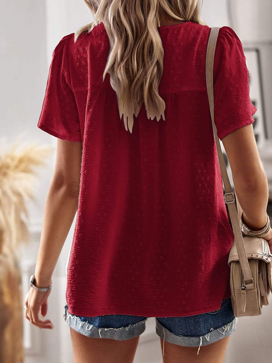 Lace Detail Round Neck Short Sleeve Blouse - Trendsi - Flyclothing LLC