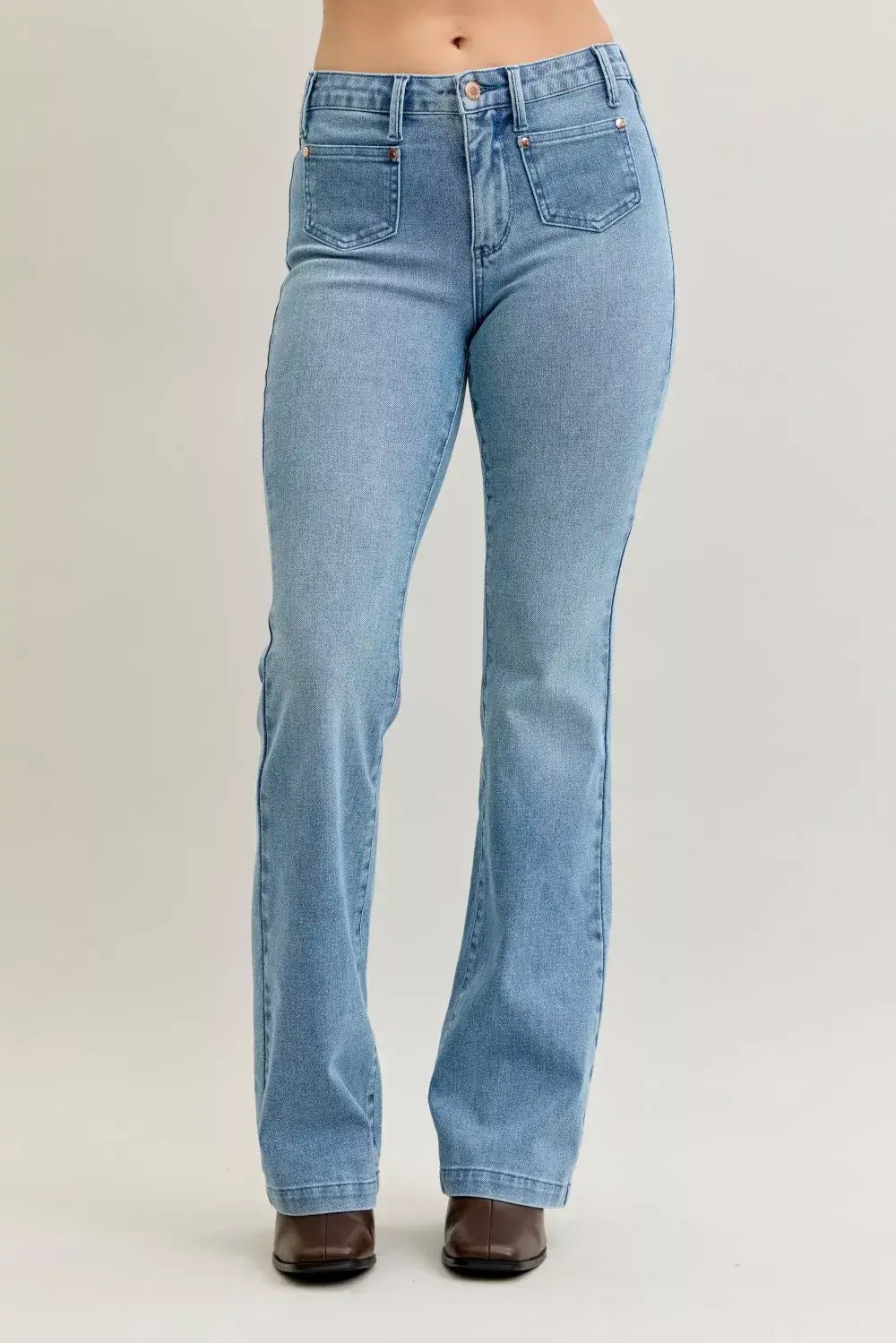 Judy Blue Full Size Mid Rise Bootcut Jeans with Contrast Wash & Front Patch Pockets Plus Size - Trendsi - Flyclothing LLC