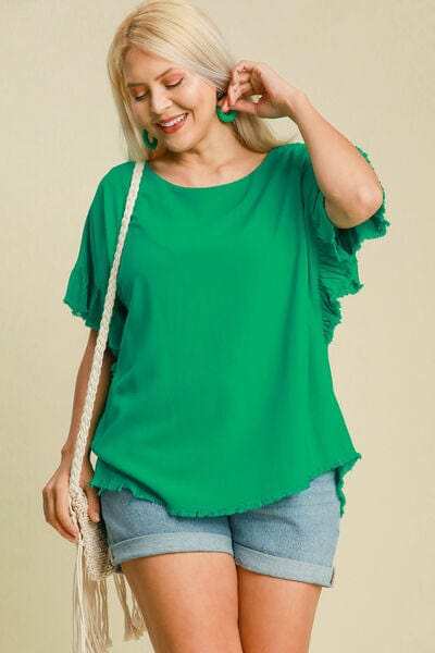 Umgee Full Size Raw Hem Ruffle Short Sleeve Blouse Plus Size - Trendsi - Flyclothing LLC