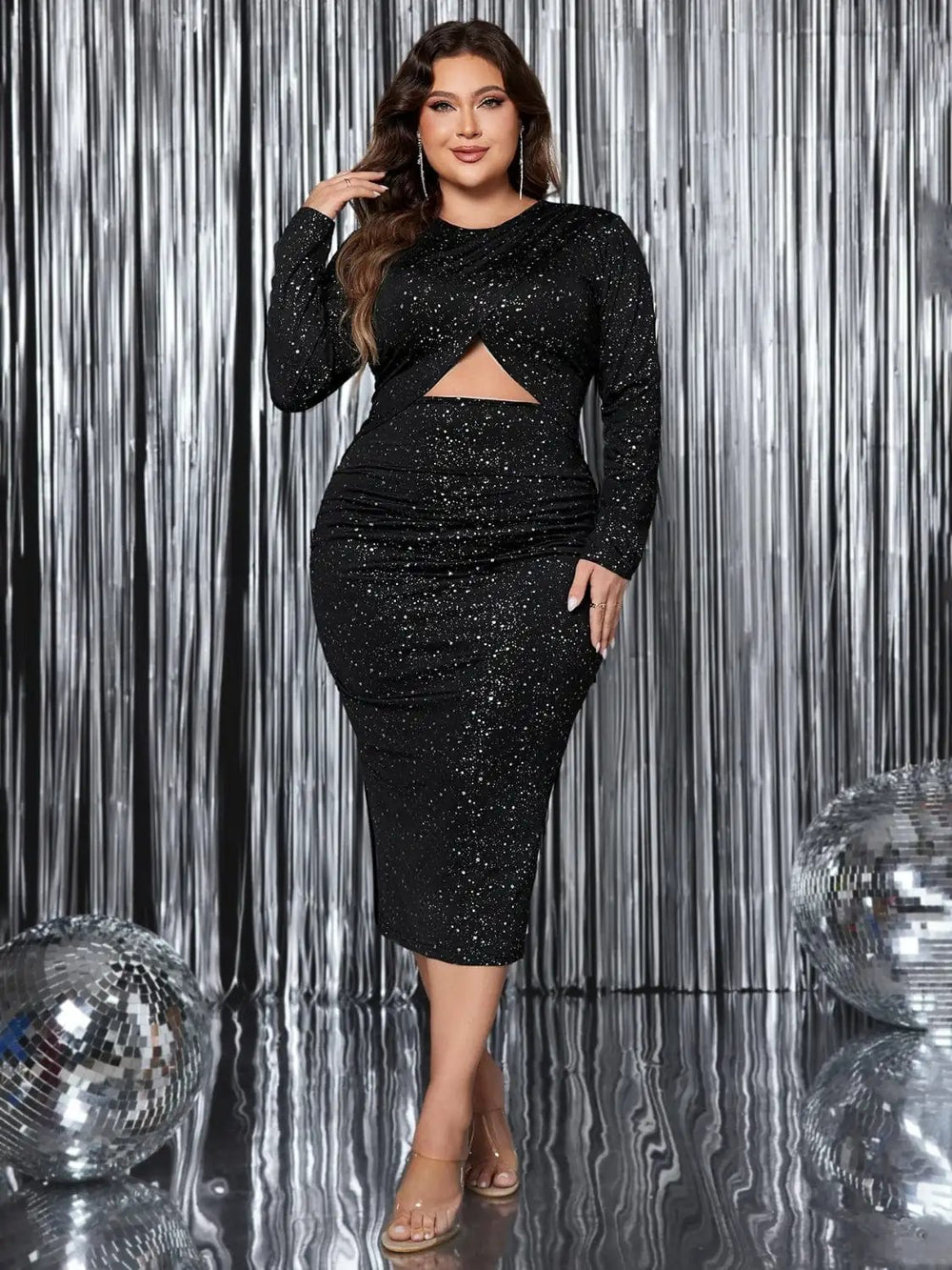 Plus Size Cutout Slit Round Neck Long Sleeve Dress - Trendsi
