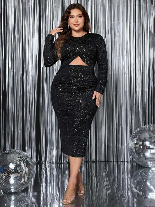 Plus Size Cutout Slit Round Neck Long Sleeve Dress - Trendsi - Flyclothing LLC