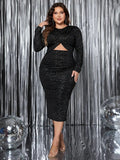 Plus Size Cutout Slit Round Neck Long Sleeve Dress - Trendsi