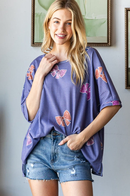 HOPELY Bow Print Waffle Side Slit T-Shirt - Trendsi