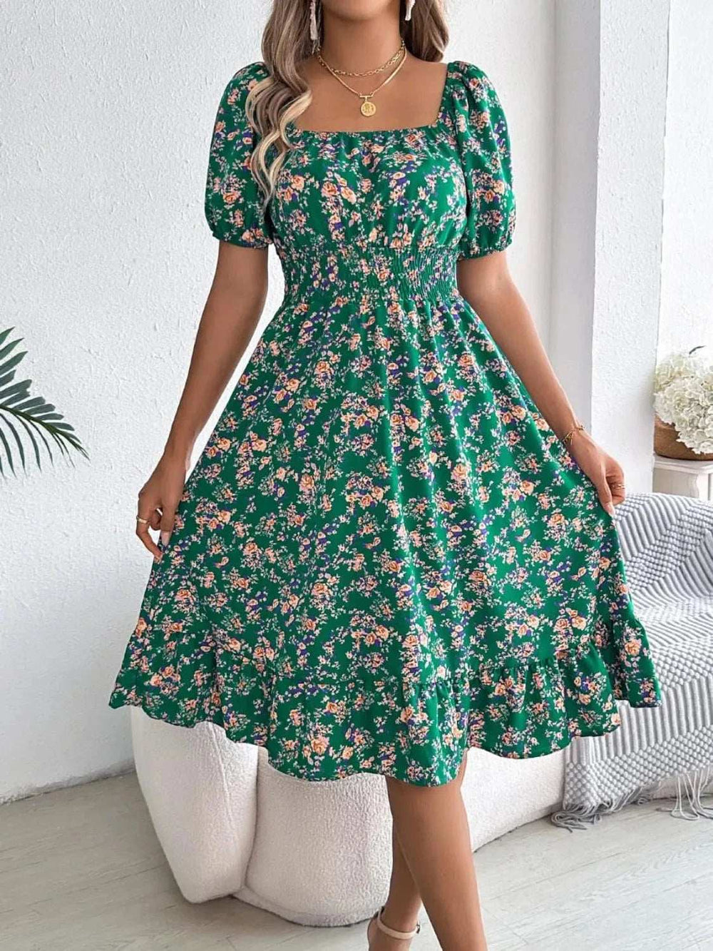 Ruffled Hem Floral Puff Sleeve Dress - Trendsi - Flyclothing LLC