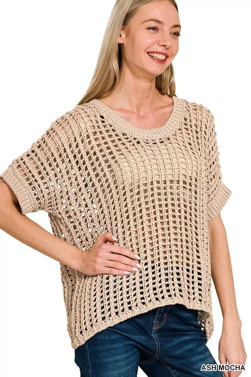 Zenana Fish Net Short Sleeve Crochet Knit Cover Up - Trendsi - Flyclothing LLC