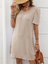 Textured Round Neck Short Sleeve Mini Dress - Trendsi - Flyclothing LLC