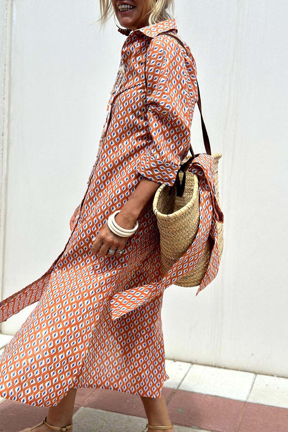 Tied Button Up Three-Quarter Sleeve Dress - Trendsi - Flyclothing LLC