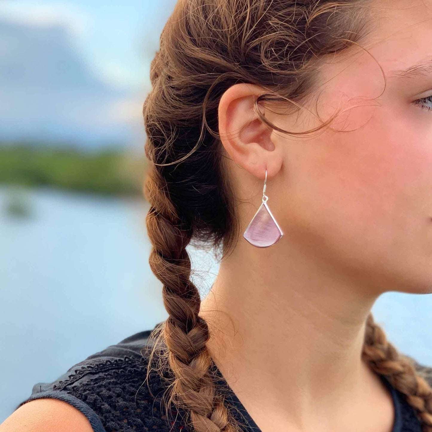 Pink Clam Shell Fan Drop Earrings - Artisana - Flyclothing LLC