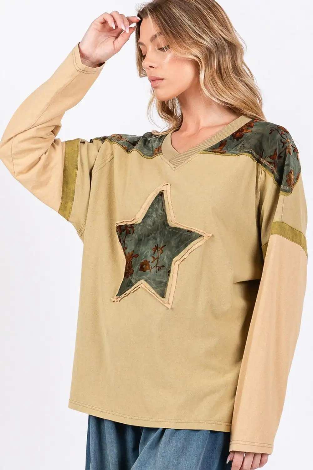 SAGE + FIG Star Patch Long Sleeve Color Block T-Shirt - Trendsi - Flyclothing LLC