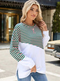 Slit Contrast Striped Long Sleeve Sweatshirt - Trendsi - Flyclothing LLC